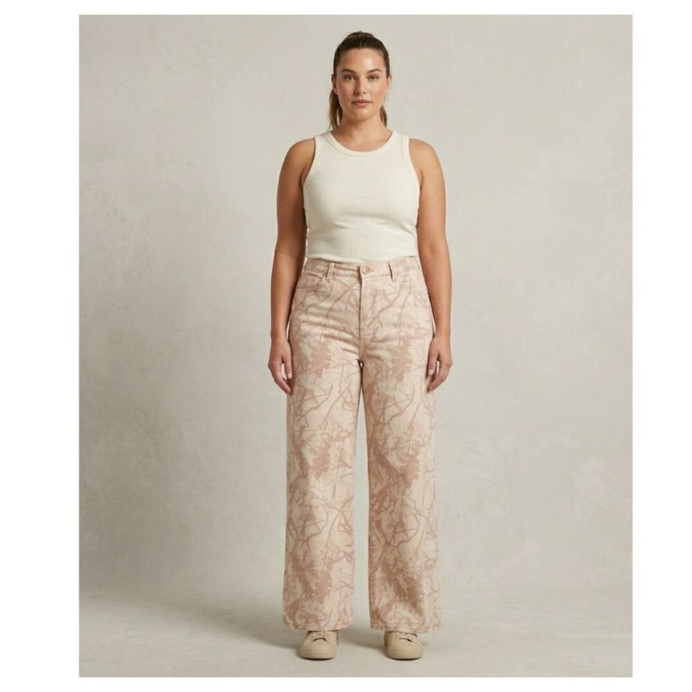 REFRAIN Los Angeles Beige/Tan Camo Printed Wide Leg Jeans Junior 9/29 NWT